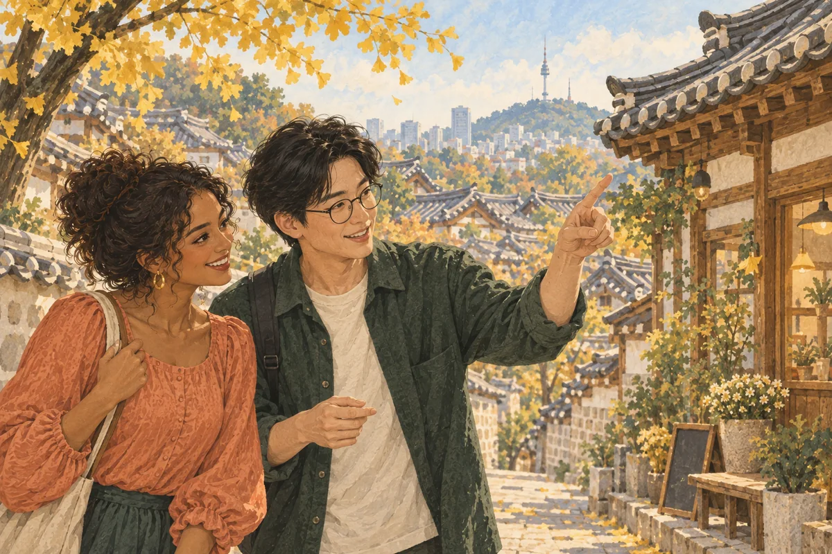 Two learners exploring a Korean hanok lane ยท ํ์ฅ ๊ฑฐ๋ฆฌ์์ ์ด์ผ๊ธฐํ๋ ๋ ํ์ต์