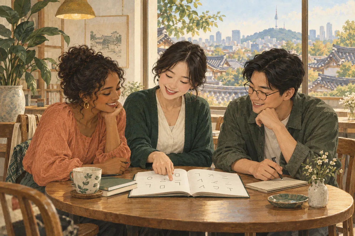 A tutor and two adult learners explore Korean together. ํ๊ตญ์ด๋ฅผ ํจ๊ป ๋ฐฐ์ฐ๋ ์ฑ์ธ ํ์ต์๋ค.